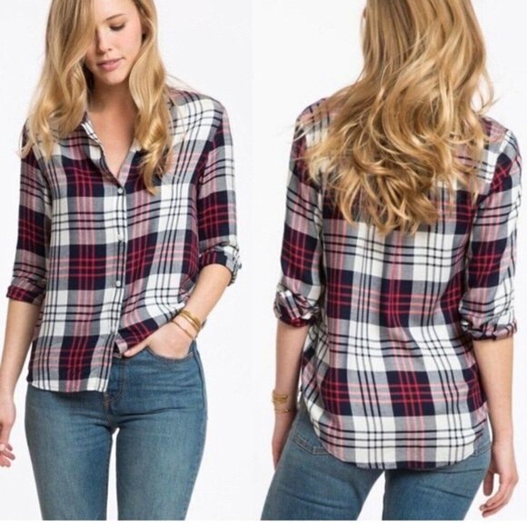 Marine Layer Tops - Marine Layer Anita Plaid Button Down Shirt Women’s Size Small Red Navy Rayon